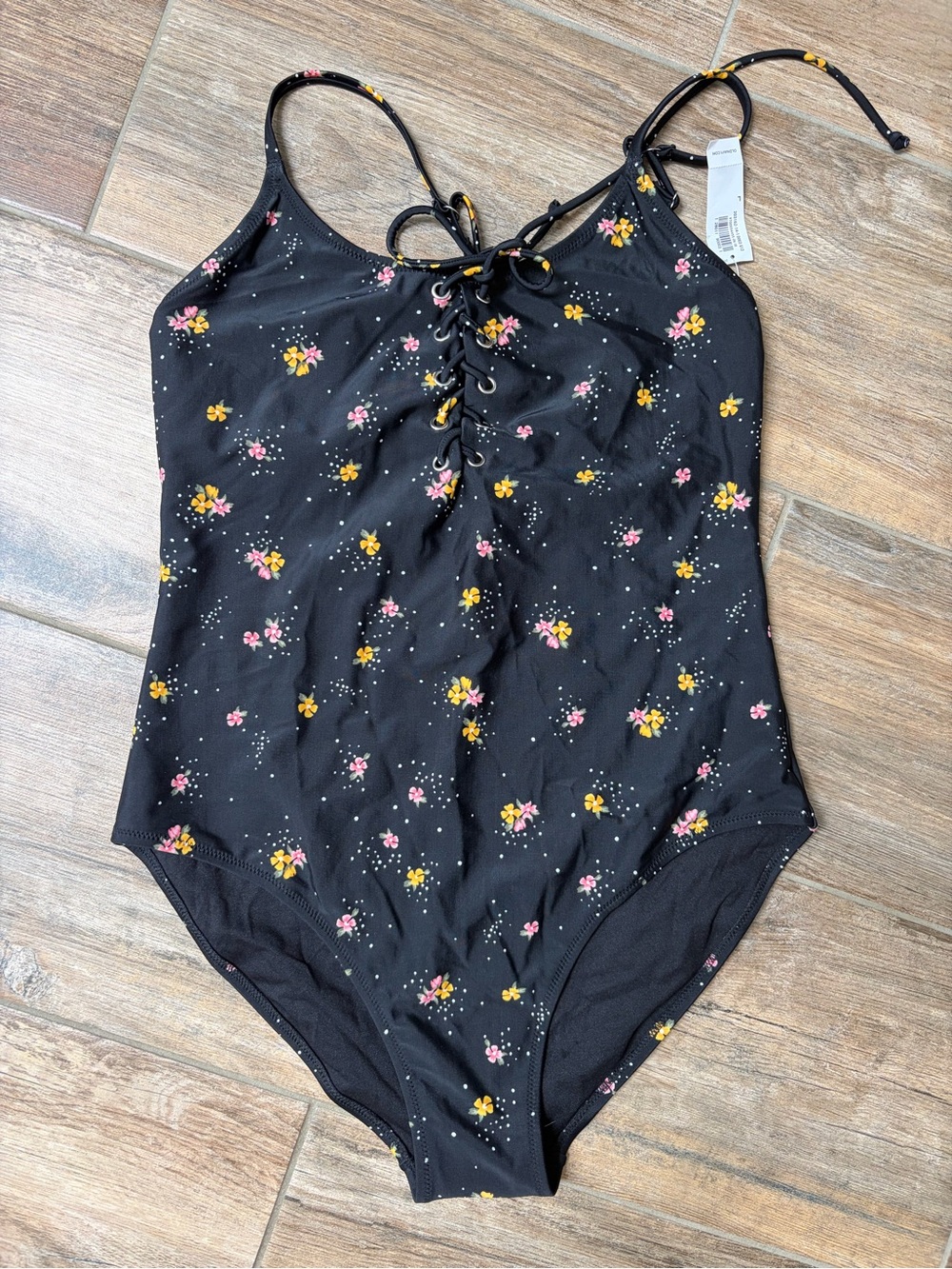 Old Navy Black Floral Lace-Up One-Piece Swimsuit